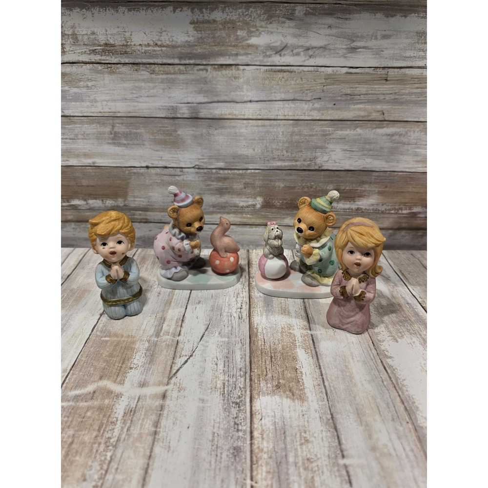 Homco Vintage Porcelain Figurine Set Praying Children & Circus Bears 5211 8881